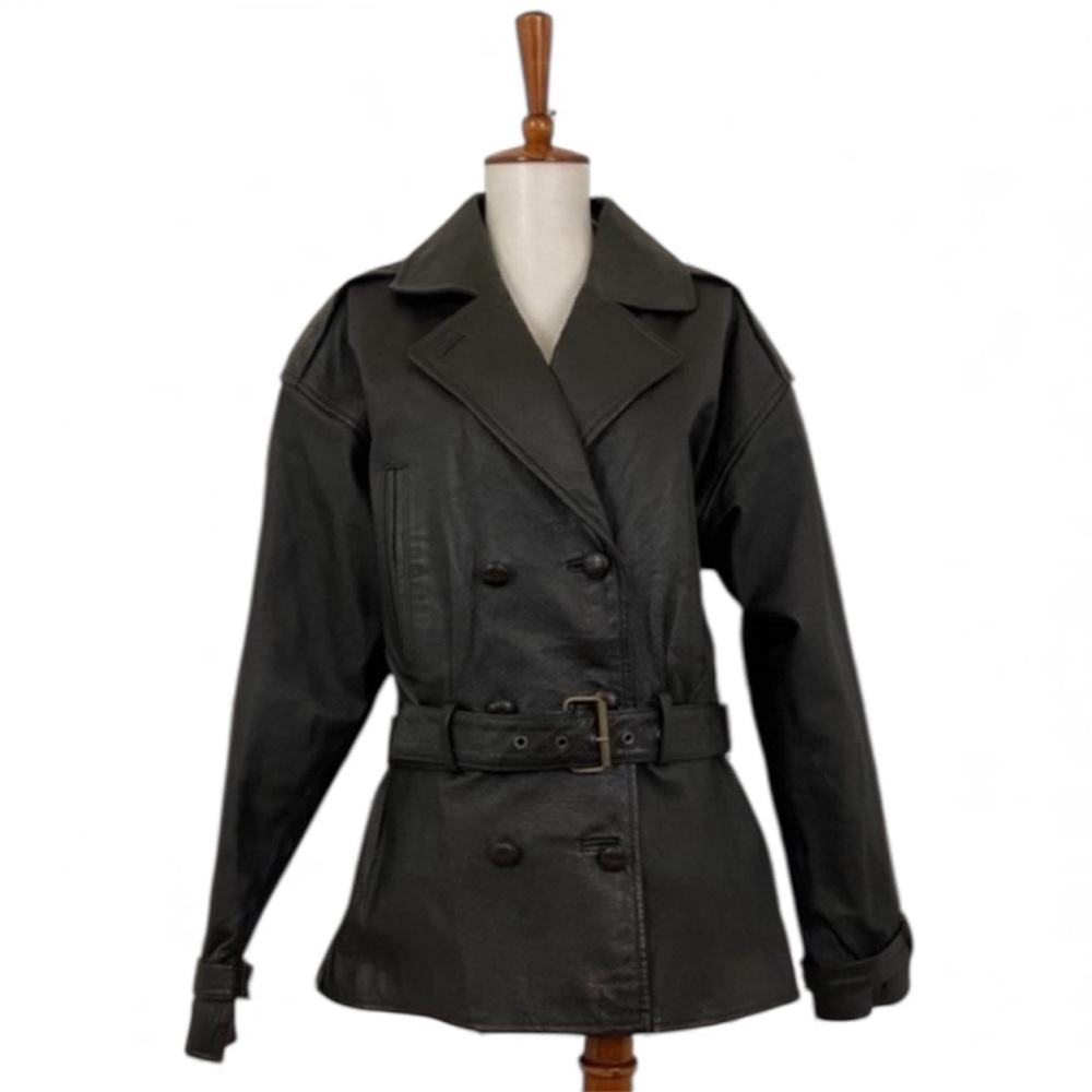 Vintage‎ Leather Double Breasted Coat Women’s M Belted Trench Style